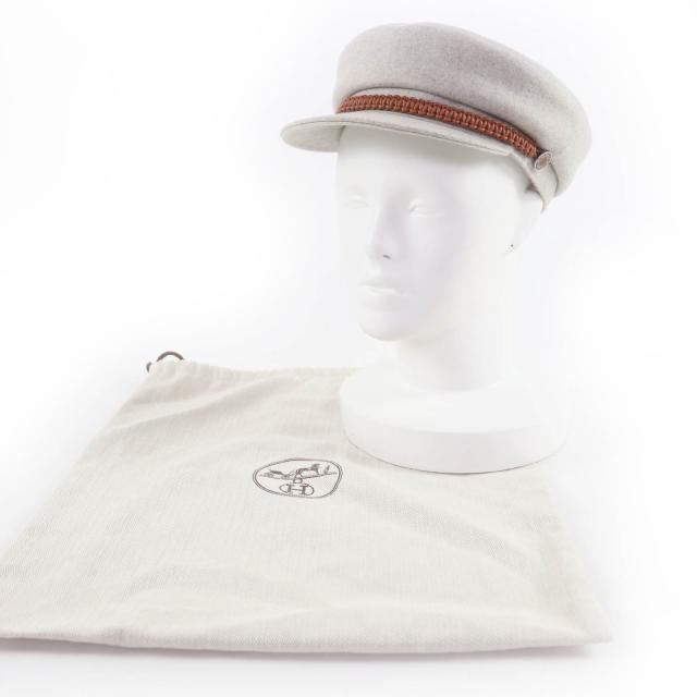 極美品☆HERMES エルメス H212009N ドーヴィル カシミヤ100％ セリエ金具 レザー使い キャスケット グレー 57 仏製 正規品 レディース_1