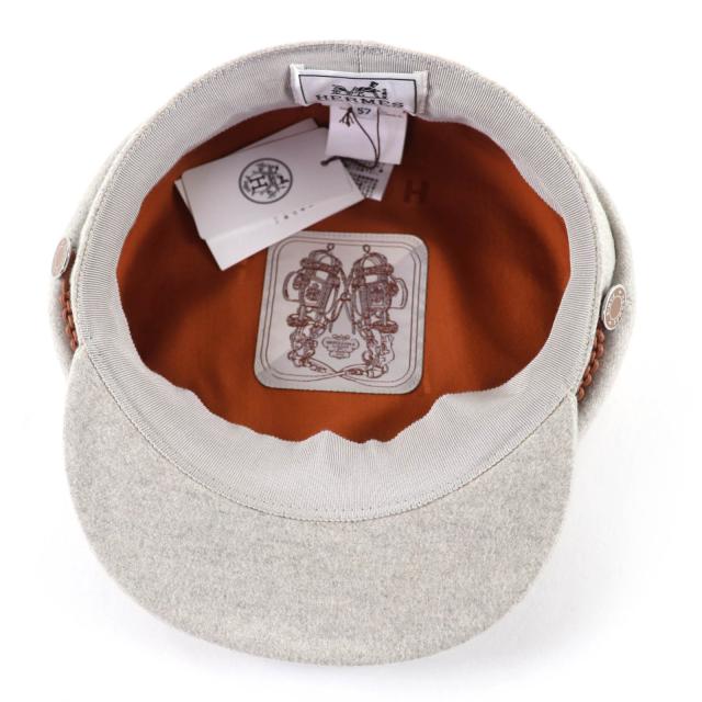 極美品☆HERMES エルメス H212009N ドーヴィル カシミヤ100％ セリエ金具 レザー使い キャスケット グレー 57 仏製 正規品 レディース_6