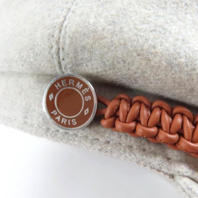 極美品☆HERMES エルメス H212009N ドーヴィル カシミヤ100％ セリエ金具 レザー使い キャスケット グレー 57 仏製 正規品 レディース_7