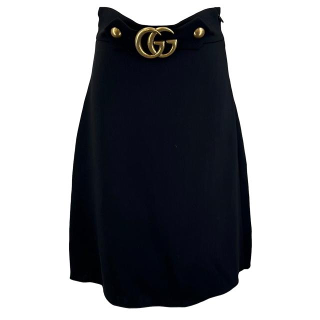 未使用品▲GUCCI グッチ 430572 ウール シルク混 GGマーモント金具 膝丈 スカート ブラック 38 イタリア製 正規品 レディース