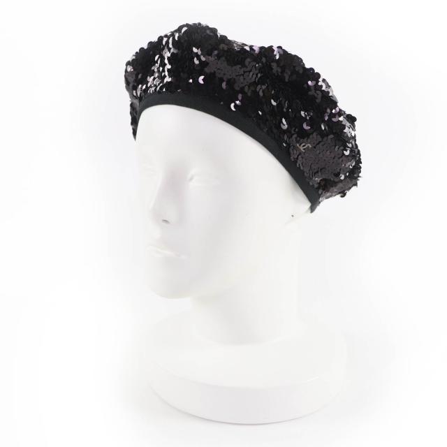 美品☆CHANEL シャネル 17C ココマーク 裏地シルク100％ スパンコール ベレー帽 ブラック M フランス製 レディース
