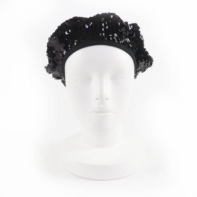 美品☆CHANEL シャネル 17C ココマーク 裏地シルク100％ スパンコール ベレー帽 ブラック M フランス製 レディース_1