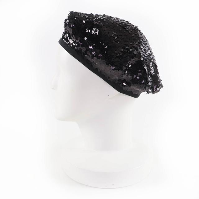 美品☆CHANEL シャネル 17C ココマーク 裏地シルク100％ スパンコール ベレー帽 ブラック M フランス製 レディース_2