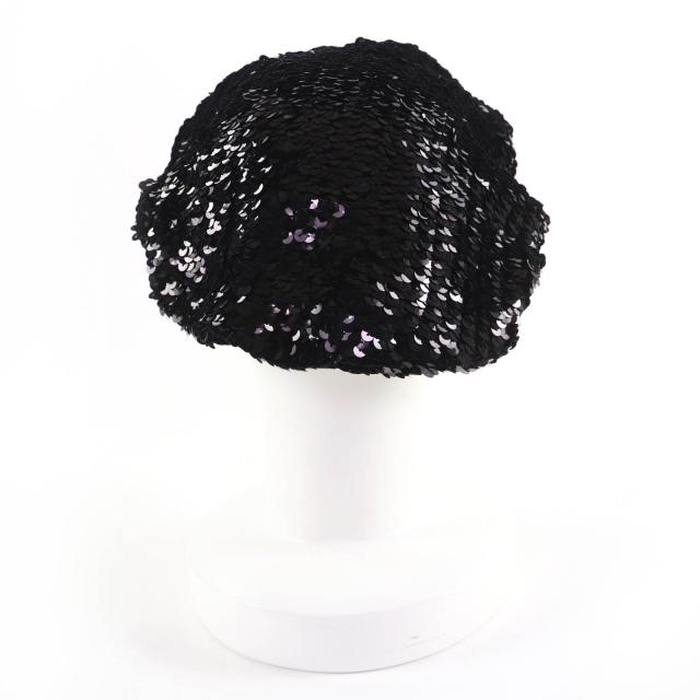 美品☆CHANEL シャネル 17C ココマーク 裏地シルク100％ スパンコール ベレー帽 ブラック M フランス製 レディース_3