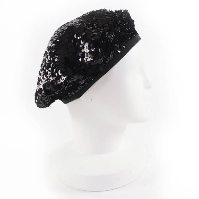 美品☆CHANEL シャネル 17C ココマーク 裏地シルク100％ スパンコール ベレー帽 ブラック M フランス製 レディース_4