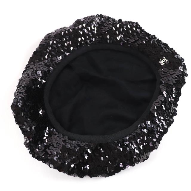 美品☆CHANEL シャネル 17C ココマーク 裏地シルク100％ スパンコール ベレー帽 ブラック M フランス製 レディース_5
