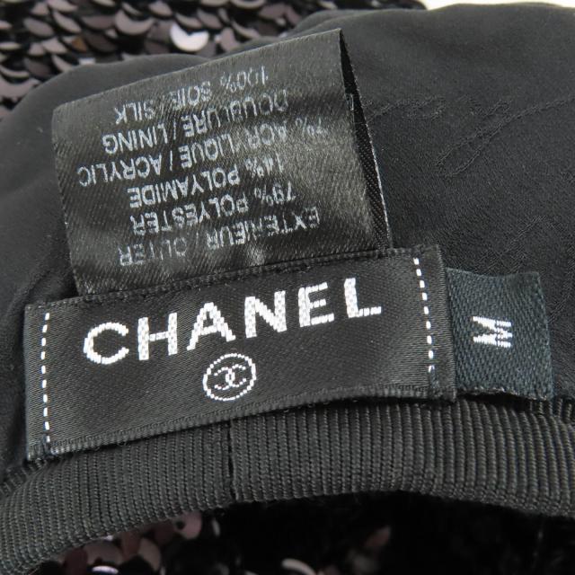 美品☆CHANEL シャネル 17C ココマーク 裏地シルク100％ スパンコール ベレー帽 ブラック M フランス製 レディース_7
