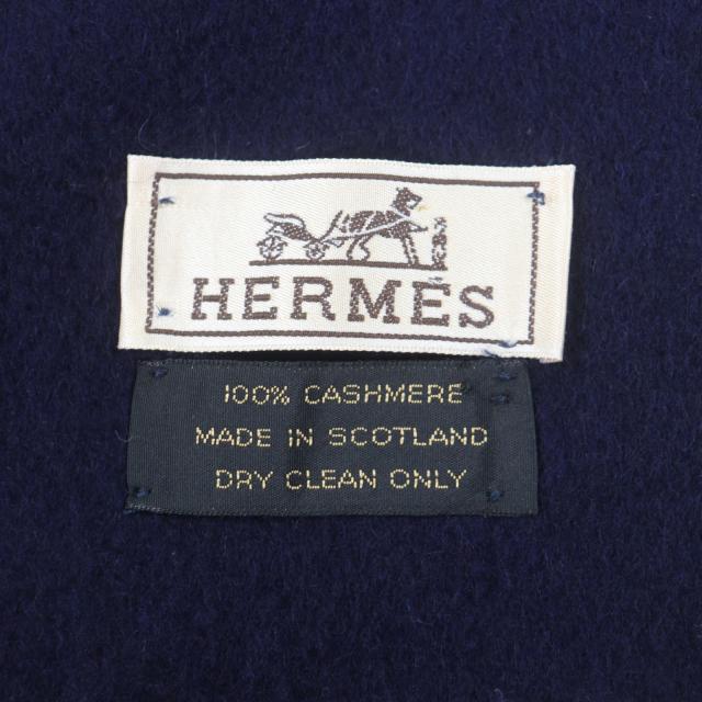 極美品▼HERMES エルメス カシミヤ100% ロゴ刺繍 フリンジ付き マフラー ネイビー スコットランド製 メンズ レディース シンプル◎ 極美品▽HERMES エルメス カシミヤ100% ロゴ刺繍 フリンジ付き