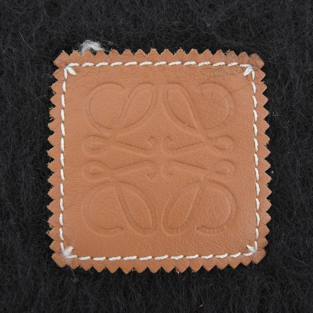 極美品▲LOEWE ロエベ モヘア ウール混 アナグラムレザーパッチ フリンジ付き ロング マフラー ブラック スペイン製 正規品 レディース_5