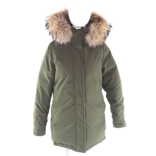 美品★Pyrenex ピレネックス BORDEAUX ラクーンファー・フード・ロゴワッペン付 比翼仕立て ダウンコート カーキ 38 ブルガリア製 正規品