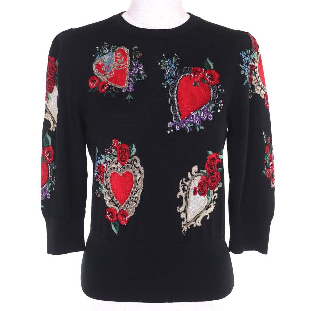 美品△DOLCE&GABBANA ドルチェ＆ガッバーナ FX43BT/JAMUP ウール シルク ハートモチーフ 総柄 七分袖 ニット セーター 黒 赤系 40 正規品