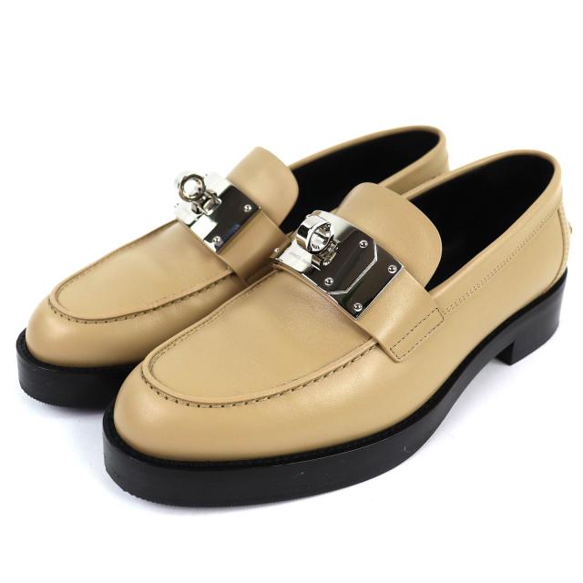 極美品△HERMES エルメス モカシン ホット ケリーバックル レザー ローファー ベージュ シルバー金具 37.5 箱・保存袋付き イタリア製