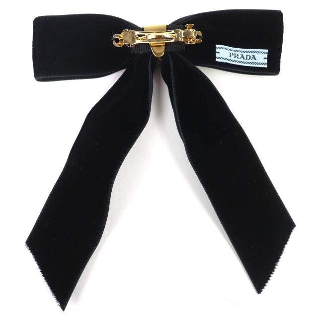 美品△PRADA プラダ 1IF154 トライアングルロゴ 三角プレート ベルベット リボン バレッタ ヘアクリップ ヘアアクセサリー ブラック_1