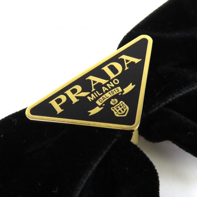 美品△PRADA プラダ 1IF154 トライアングルロゴ 三角プレート ベルベット リボン バレッタ ヘアクリップ ヘアアクセサリー ブラック_2