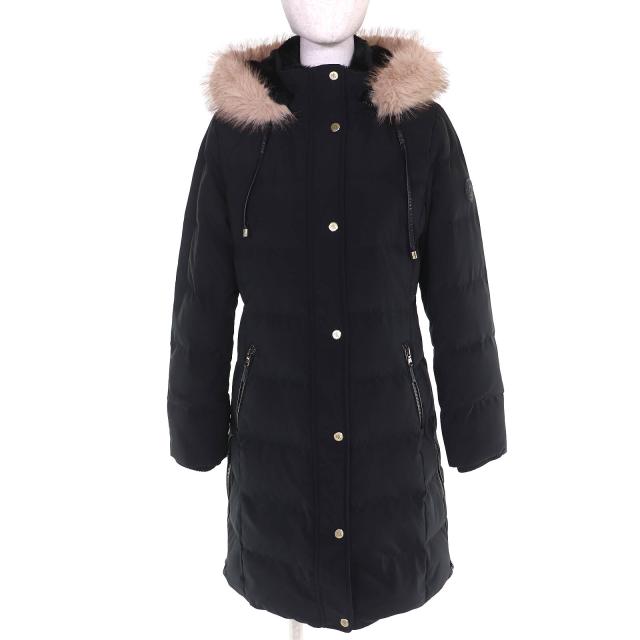 極美品△LAUREN RALPH LAUREN ローレンラルフローレン ロゴワッペン エコファー フード付き ダウンコート ブラック S 正規品 レディース