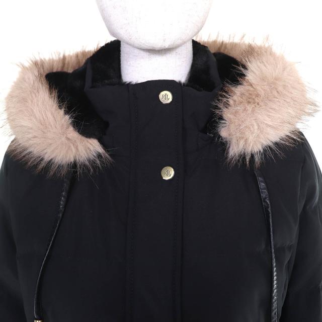 極美品△LAUREN RALPH LAUREN ローレンラルフローレン ロゴワッペン エコファー フード付き ダウンコート ブラック S 正規品 レディース_3