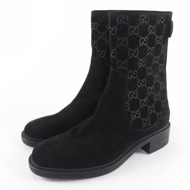 極美品☆GUCCI グッチ 323550 GG柄 バックZIP スウェードレザー ショートブーツ アンクルブーツ ブラック 36 イタリア製 レディース