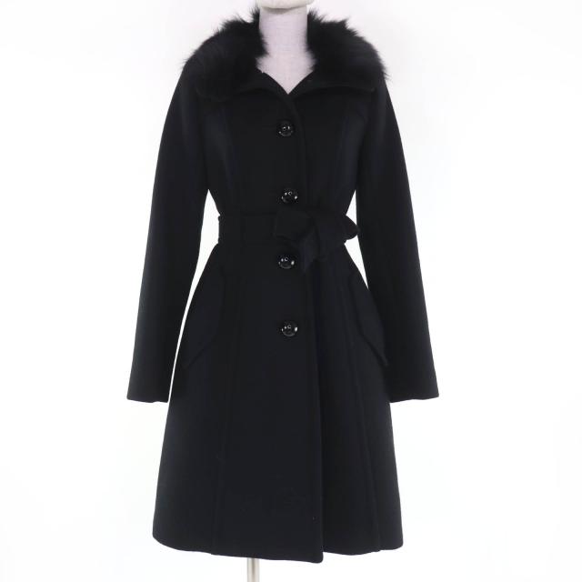 美品☆BURBERRY BLUE LABEL バーバリーブルーレーベル アンゴラ 襟フォックスファー・ベルト付 コート ブラック 38 正規品 レディース