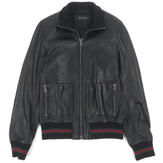 極美品▼GUCCI グッチ シェリーライン ウェブライン トムフォード期 レザージャケット ブルゾン ブラック 48 ハンガー・ガーメント付き