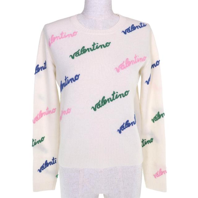 極美品△VALENTINO ヴァレンティノ RB3KC00STXM ウール カシミヤ ロゴ刺繍 総柄 クルーネック 長袖 ニット セーター アイボリー S 正規品