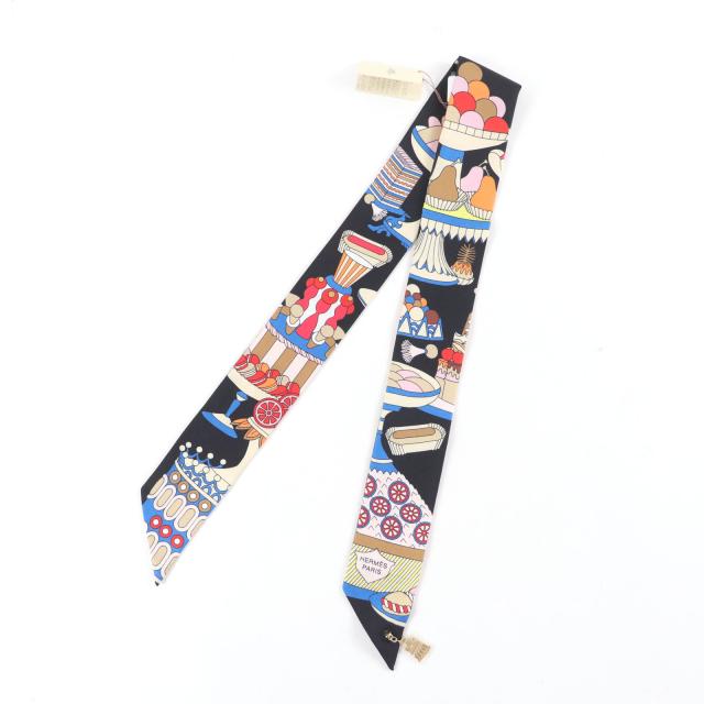未使用品★HERMES エルメス La Patisserie Francaise シルク100% NOIR/BLANC/BLEU ツイリー チャームズ スカーフ 箱付き 仏製 レディース
