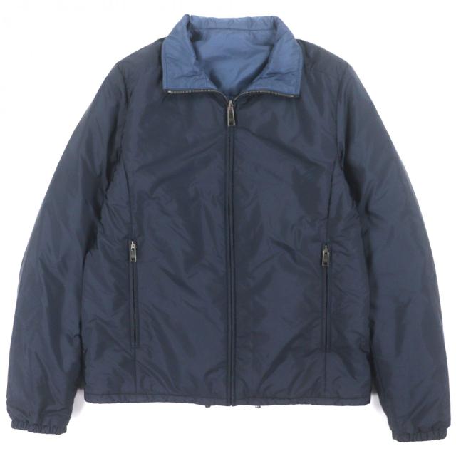 美品▼PRADA プラダ SGA753 ロゴワッペン付 リバーシブル 中綿入り ジップアップ ナイロンジャケット ネイビー ブルー 46 正規品 メンズ