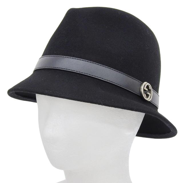 極美品▲GUCCI グッチ 323166 ウール100％ レザー使い インターロッキングG金具付 フェルトハット 中折れハット 黒 L 伊製 正規品 メンズ_1