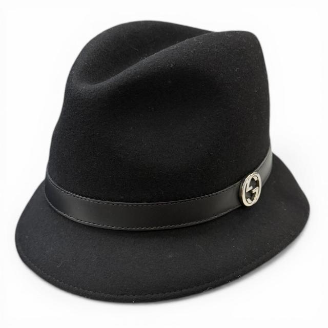 極美品▲GUCCI グッチ 323166 ウール100％ レザー使い インターロッキングG金具付 フェルトハット 中折れハット 黒 L 伊製 正規品 メンズ