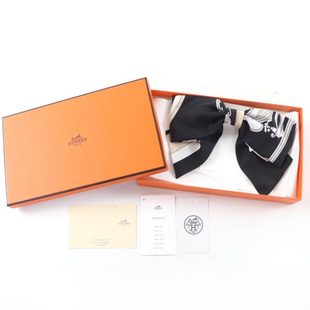 極美品☆HERMES エルメス グルネル エクスリブリス バレッタ シルク100％ リボンバレッタ ヘアアクセサリー ブラック系 箱付 イタリア製_1