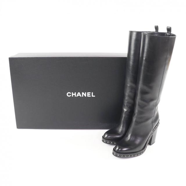 美品★CHANEL シャネル G30379 ココマーク チェーン装飾 チャンキーヒール レザー ロングブーツ ブラック 36 イタリア製 レディース_1