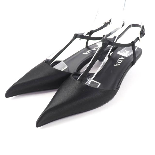 未使用品★PRADA プラダ 1I535N ロゴ入り ポインテッドトゥ スリングバック パンプス ブラック 34.5 箱・保存袋付 イタリア製 レディース