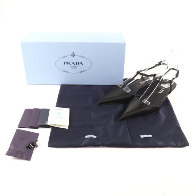 未使用品★PRADA プラダ 1I535N ロゴ入り ポインテッドトゥ スリングバック パンプス ブラック 34.5 箱・保存袋付 イタリア製 レディース