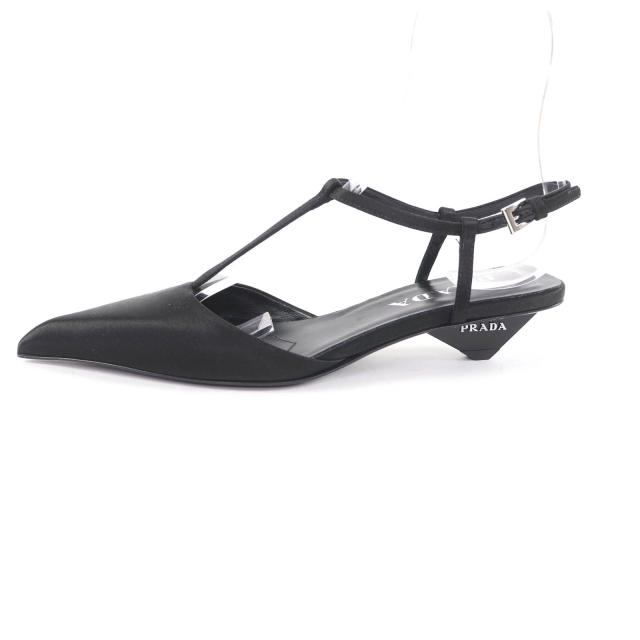 未使用品★PRADA プラダ 1I535N ロゴ入り ポインテッドトゥ スリングバック パンプス ブラック 34.5 箱・保存袋付 イタリア製 レディース