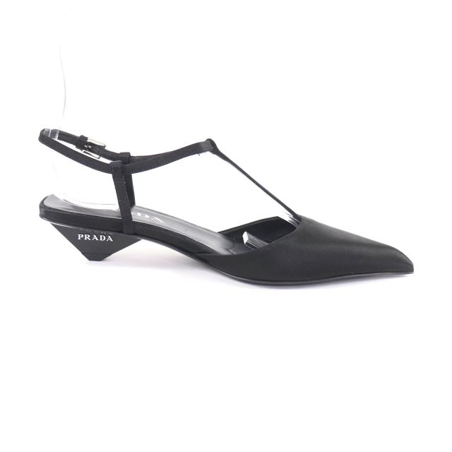 未使用品★PRADA プラダ 1I535N ロゴ入り ポインテッドトゥ スリングバック パンプス ブラック 34.5 箱・保存袋付 イタリア製 レディース