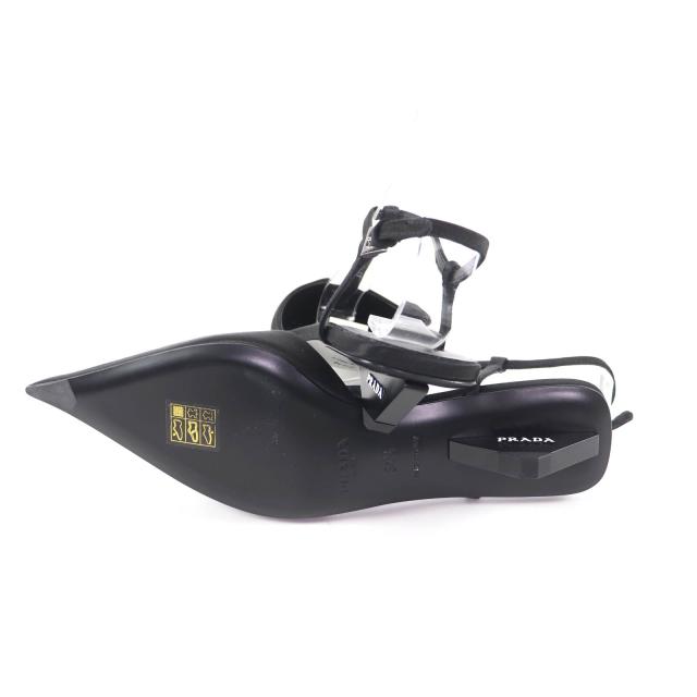 未使用品★PRADA プラダ 1I535N ロゴ入り ポインテッドトゥ スリングバック パンプス ブラック 34.5 箱・保存袋付 イタリア製 レディース