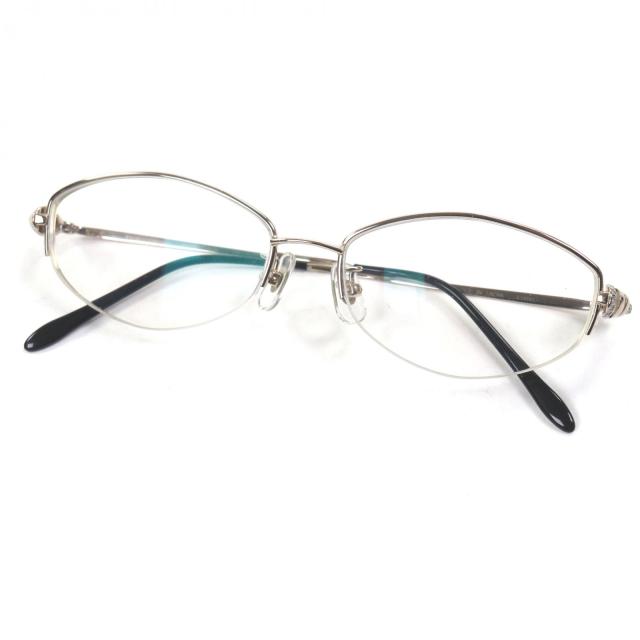 美品▼Chopard ショパール K14WG 20Pダイヤモンド ハーフリム ロゴ入り メガネ 眼鏡 アイウェア シルバー 54□16 135 度入り 重量26.8g