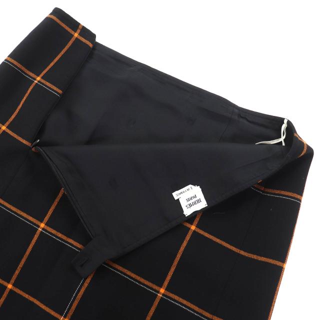 極美品△HERMES エルメス ウール チェック柄 台形スカート ミニスカート ブラック オレンジ 40 フランス製 レディース