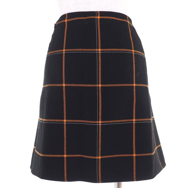極美品△HERMES エルメス ウール チェック柄 台形スカート ミニスカート ブラック オレンジ 40 フランス製 レディース