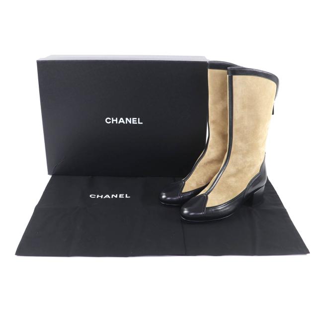 未使用品★CHANEL シャネル 25A G46591 ココマーク金具付 レザー使い バックZIP スウェードレザー ロングブーツ ベージュ 黒 38 箱付_1