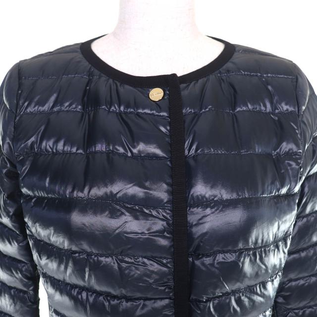 極美品△Herno ヘルノ PI1055D-12017 ロゴプレート ノーカラー ライト ダウンコート 軽量 ネイビー 38 正規品 イタリア製 レディース_1
