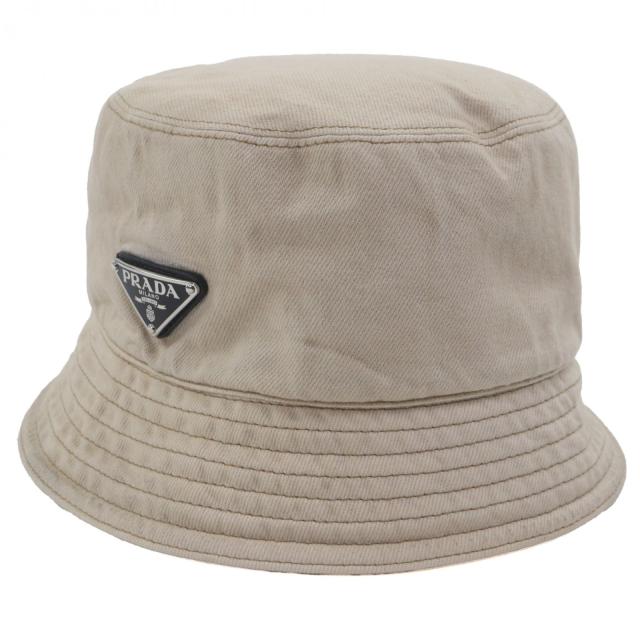 極美品▼PRADA プラダ 25SS 2HC137 コットン100% トライアングルロゴ 三角プレート レザー使い ダメージ加工 バケットハット L 正規品