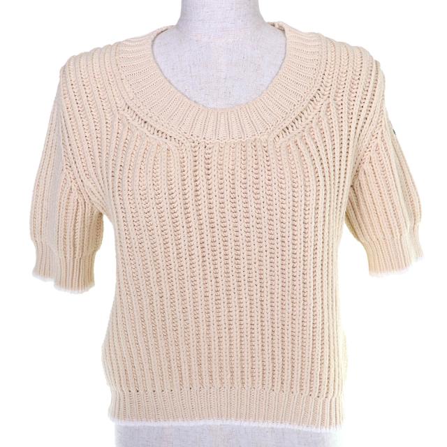 極美品△MONCLER モンクレール 2023年製 GIROCOLLO TRICOT コットン ロゴワッペン 半袖 ニット ベージュ S イタリア製 正規品 レディース