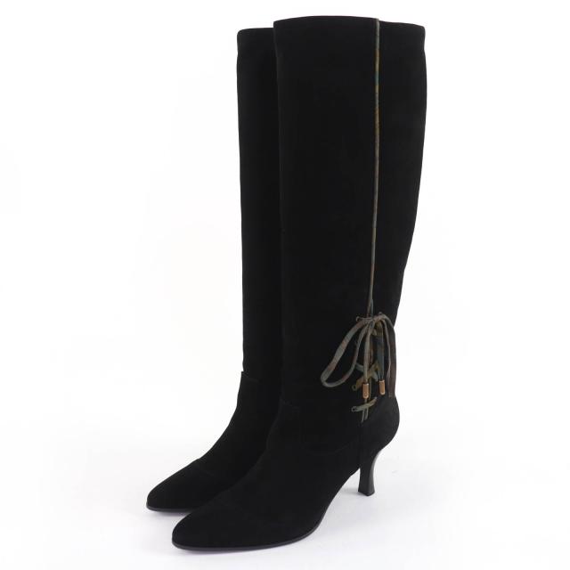 美品☆HERMES エルメス BOHEME シルクリボン付 スウェードレザー ロングブーツ ブラック 37.5 箱・保存袋付き イタリア製 レディース