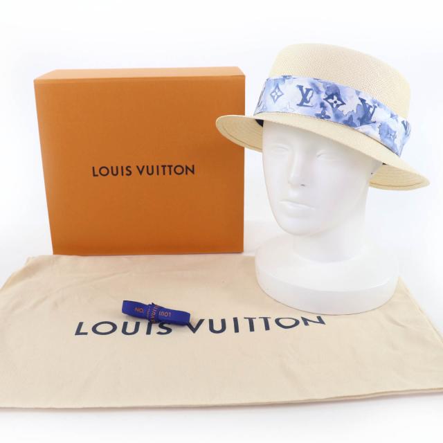 極美品☆LOUIS VUITTON ルイヴィトン 2020年製 M76763 LVリボンテープ パームファイバー ハット ナチュラル ブルー 伊製 レディース_1