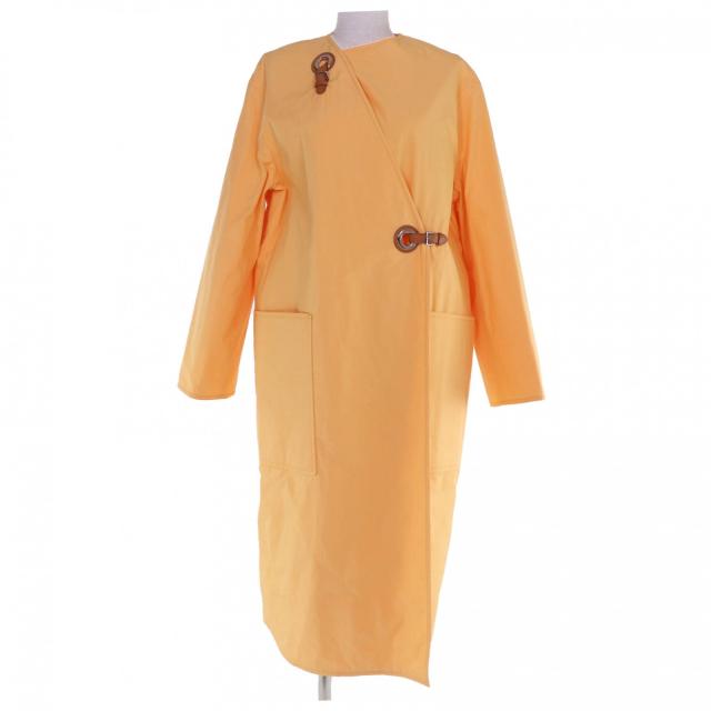 未使用品☆HERMES エルメス 22SS 2E0106DJ コットン100％ レザー使い ノーカラー ラップコート オレンジ 36 フランス製 レディース