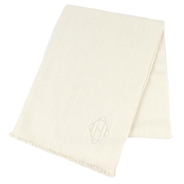 未使用品△HERMES エルメス H693187S カシミヤ100％ エクリュ Hロゴ レザーパッチ ミニフリンジ 大判 マフラー ストーン ショール 箱付き