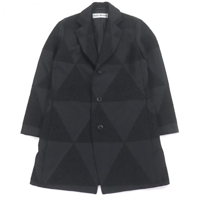 極美品□ISSEY MIYAKE イッセイミヤケ IM54FD512 ウール100％ 総柄 シングル チェスターコート ロングコート ブラック 1 正規品 日本製