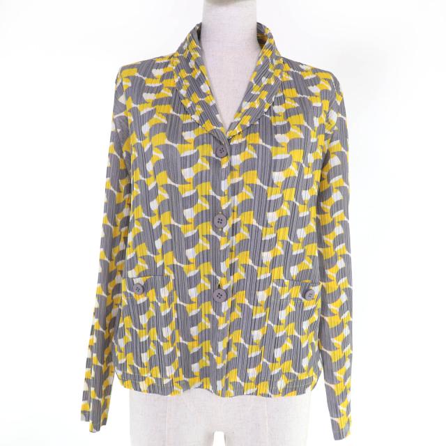 極美品☆PLEATS PLEASE プリーツプリーズ イッセイミヤケ PP11-JD413 総柄デザイン ジャケット イエロー 3 日本製 正規品 レディース