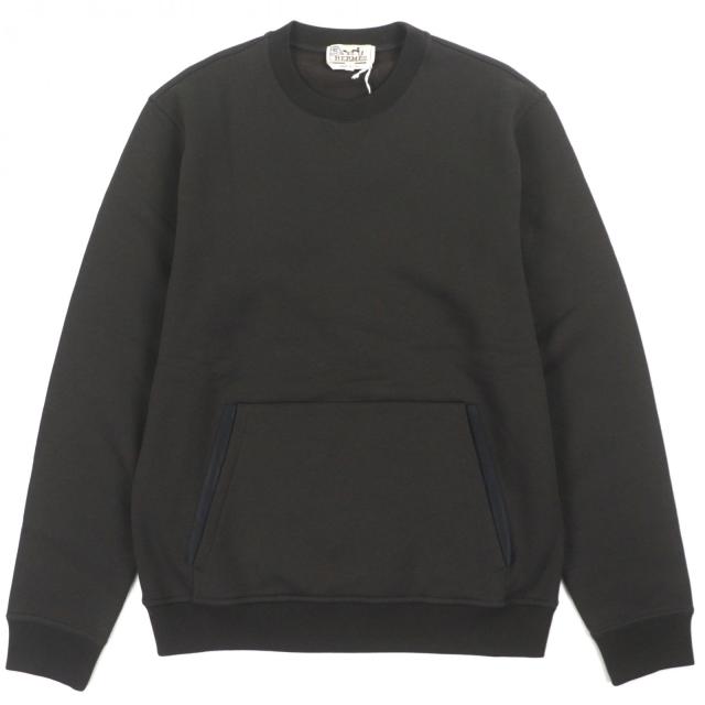 未使用品▼HERMES エルメス コットン カシミヤ レザー使い クルーネック 裏起毛 プルオーバー スウェット チャコールグレー S メンズ