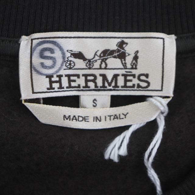 未使用品▼HERMES エルメス コットン カシミヤ レザー使い クルーネック 裏起毛 プルオーバー スウェット チャコールグレー S メンズ